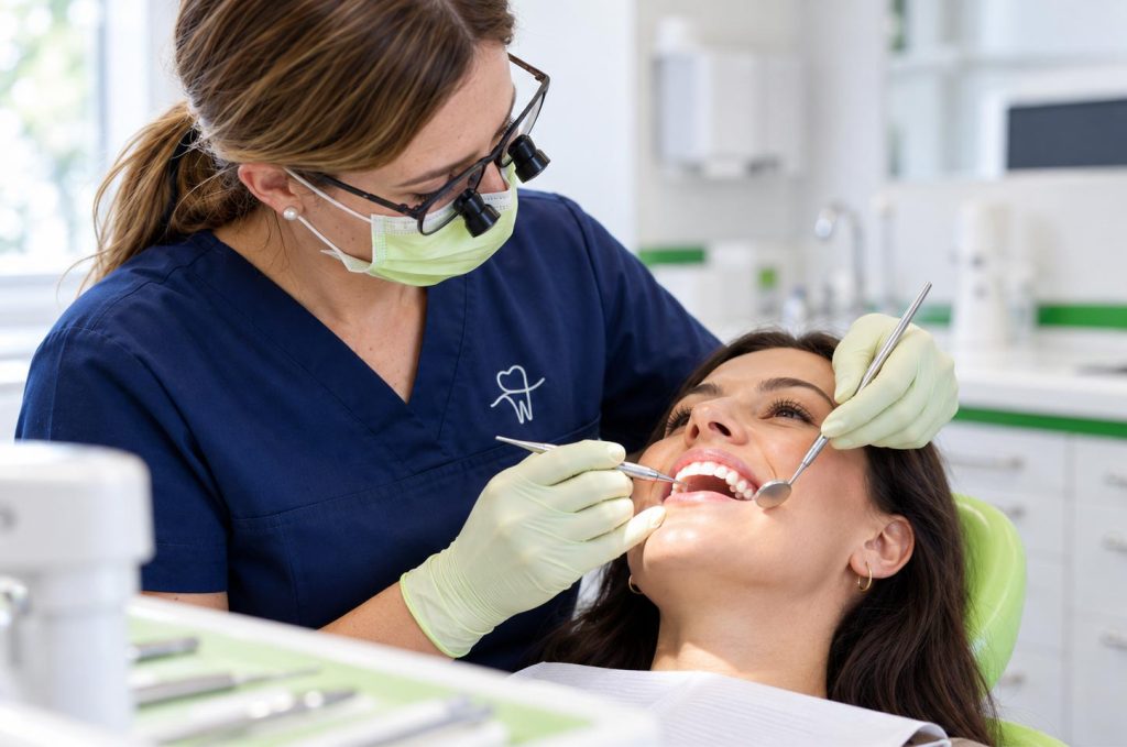 Untersuchung und Behandlung des Zahnfleisches bei einer Patientin